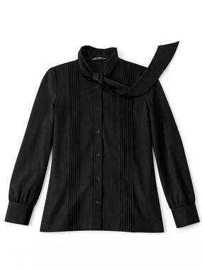 Women’s Black Pintuck Tie-Neck Button-Down Blouse